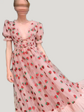 Black Strawberry Dress Print V Collar Princess Dress Midi Dress Black