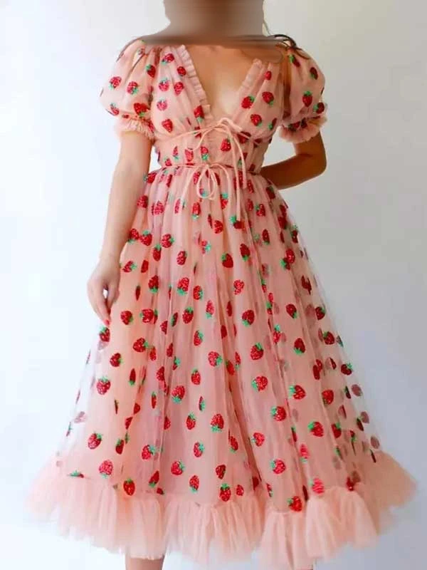 Black Strawberry Dress Print V Collar Princess Dress Midi Dress Black