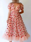 Black Strawberry Dress Print V Collar Princess Dress Midi Dress Black