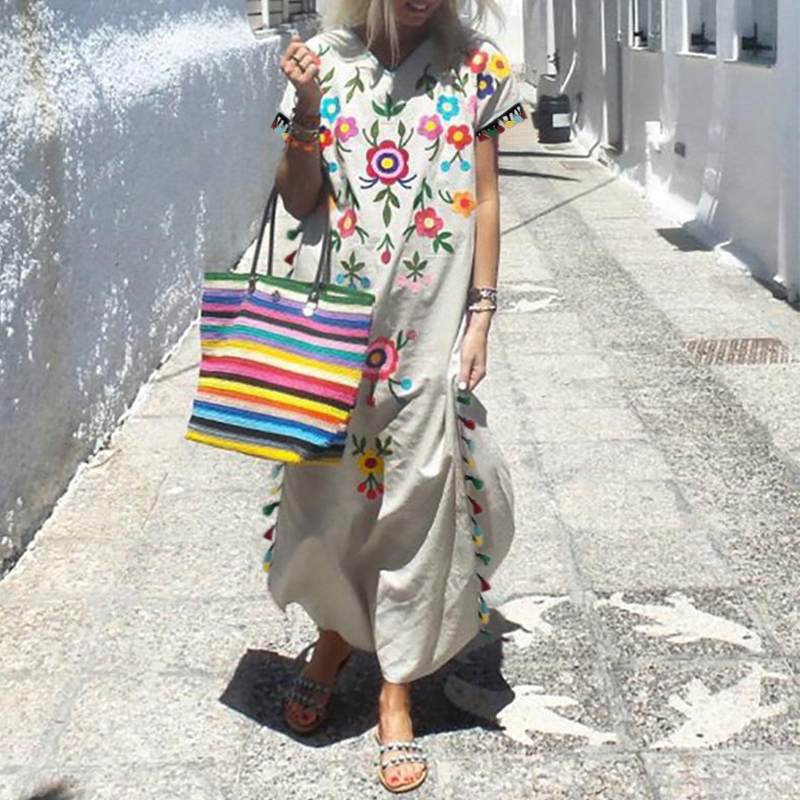 Women Plus Size Dresses Bohemian Maxi Dress Multicolored Tassel Printed Dress
