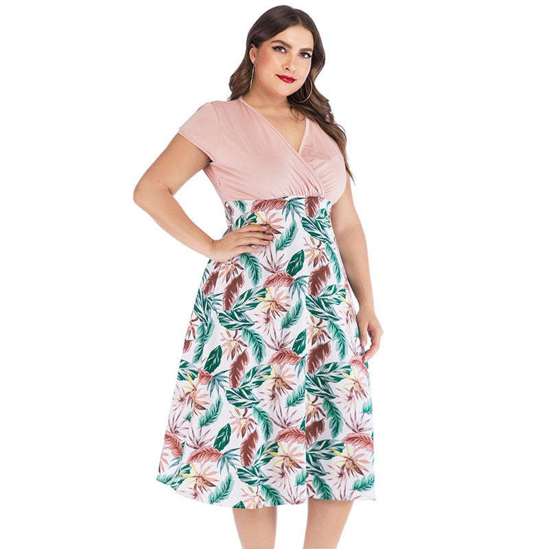 Women Plus Size Dresses Fashionable V-neck Printed Casual Dress
