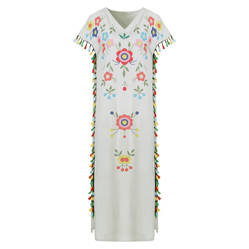 Women Plus Size Dresses Bohemian Maxi Dress Multicolored Tassel Printed Dress
