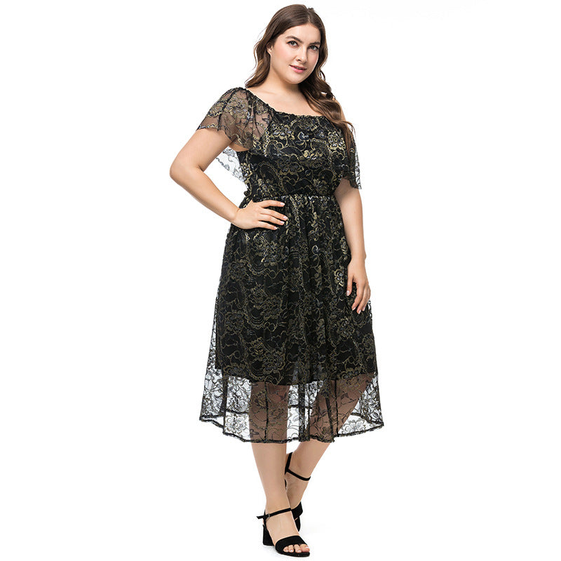 Women Plus Size Dresses Off-Neck Lace Stitching Long Dress Fashion Women