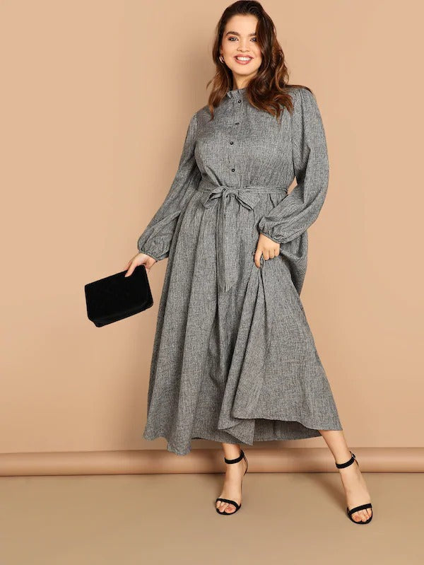 Women Plus Size Denim Dresses Mid-Length High Waist Solid Color Long Sleeve Dress for Women