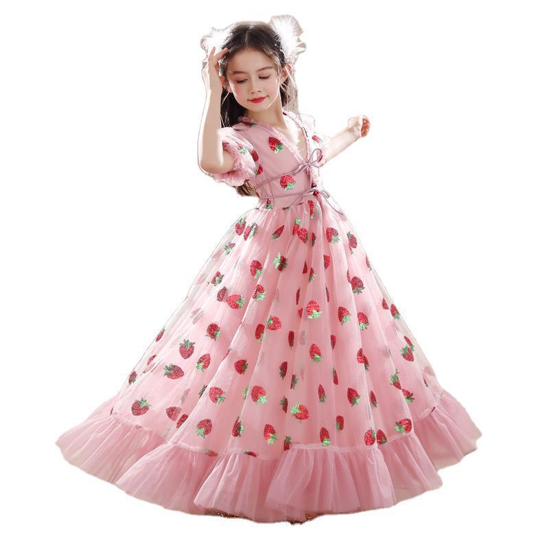 Sequined Children's Dress Girls' Pink Strawberry Princess Formal Dress Piano Performance Birthday