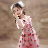 Sequined Children's Dress Girls' Pink Strawberry Princess Formal Dress Piano Performance Birthday