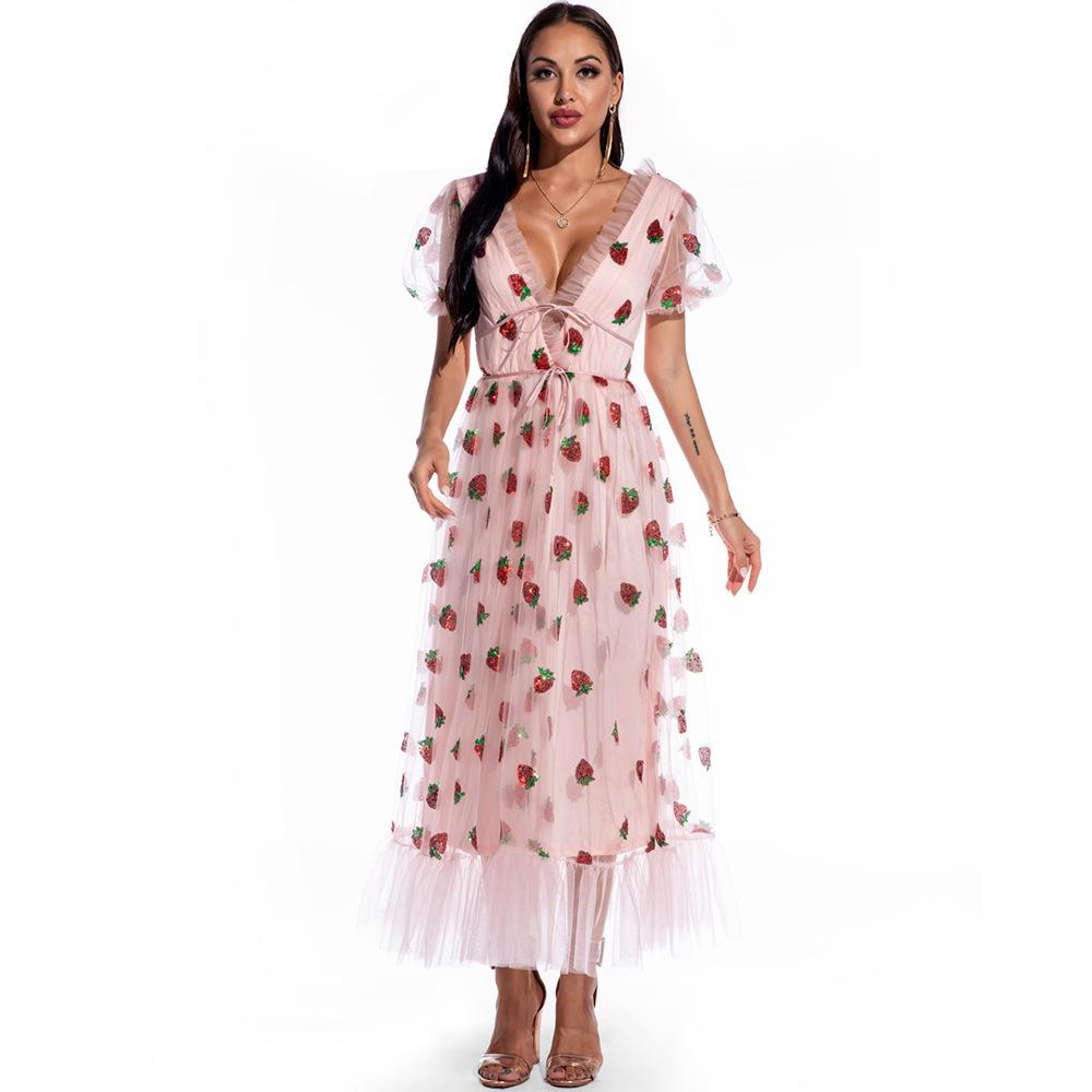 Sexy Puff Sleeve Strawberry Sequins Dress Retro Dress Casual Fashionable