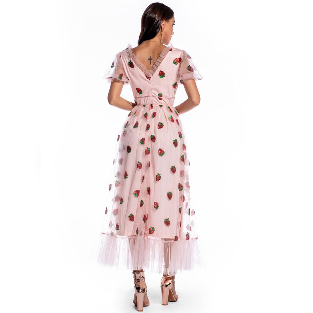 Sexy Puff Sleeve Strawberry Sequins Dress Retro Dress Casual Fashionable