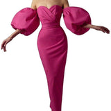Strawberry Printed Dress Lantern Sleeve  Midi Dress High Waist Slim