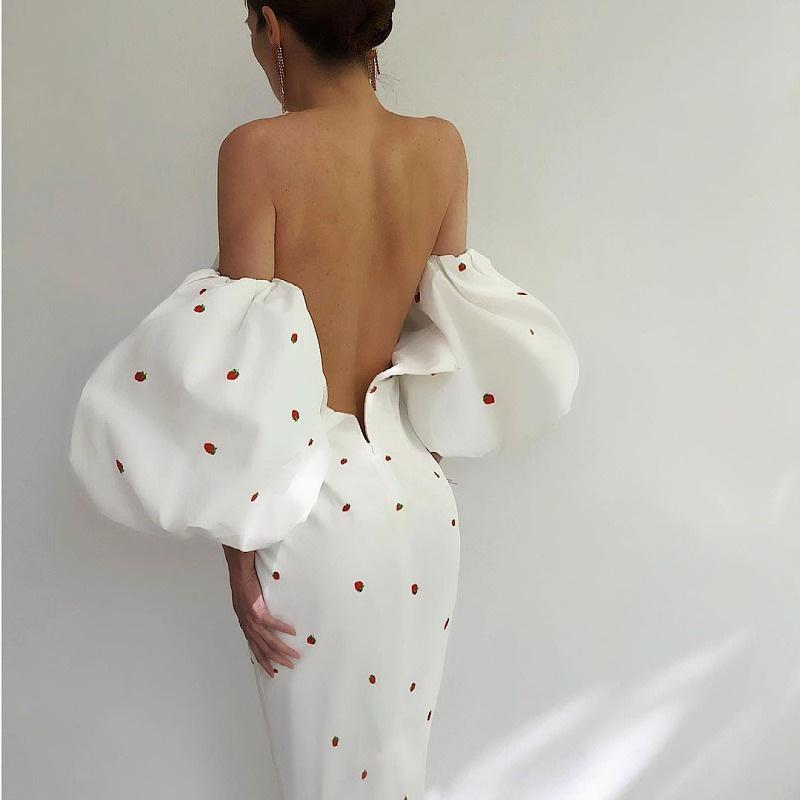 Strawberry Printed Dress Lantern Sleeve  Midi Dress High Waist Slim