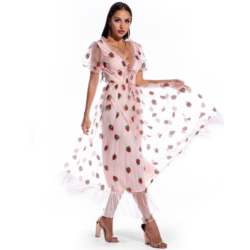 Sexy Puff Sleeve Strawberry Sequins Dress Retro Dress Casual Fashionable