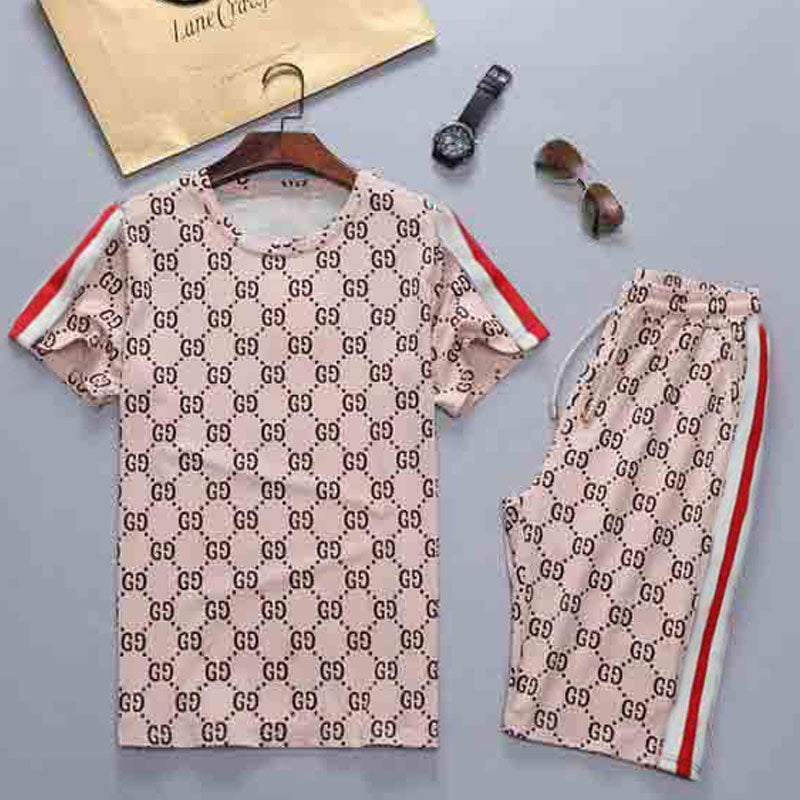 Men's Athletic Tracksuit Summer Printed Casual Suit round Neck Middle Pants