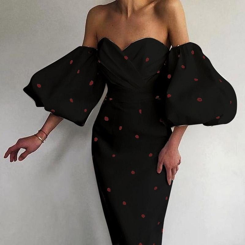 Strawberry Printed Dress Lantern Sleeve  Midi Dress High Waist Slim