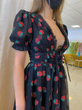 Black Strawberry Dress Print V Collar Princess Dress Midi Dress Black