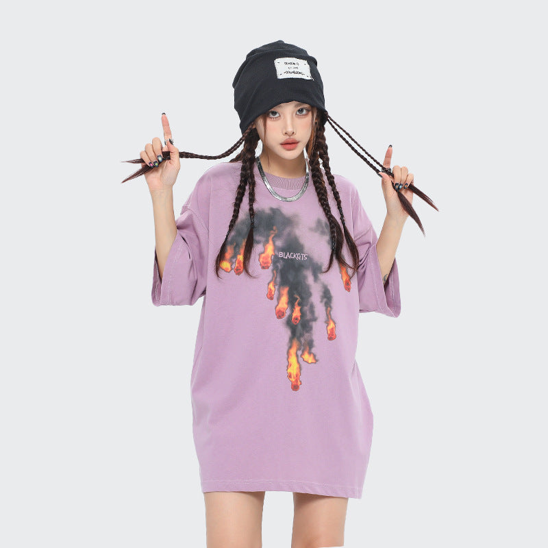 After Prom Shirt Summer American Oversize Printed Loose round Neck Cotton Short Sleeve T-shirt Men