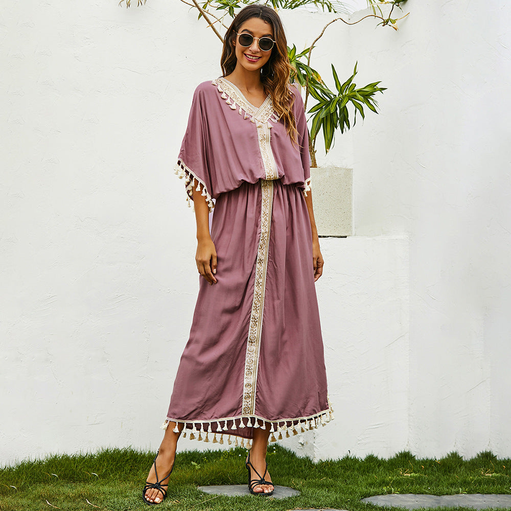 Women Plus Size Dresses Loose Embroidery Tassel Long Dress