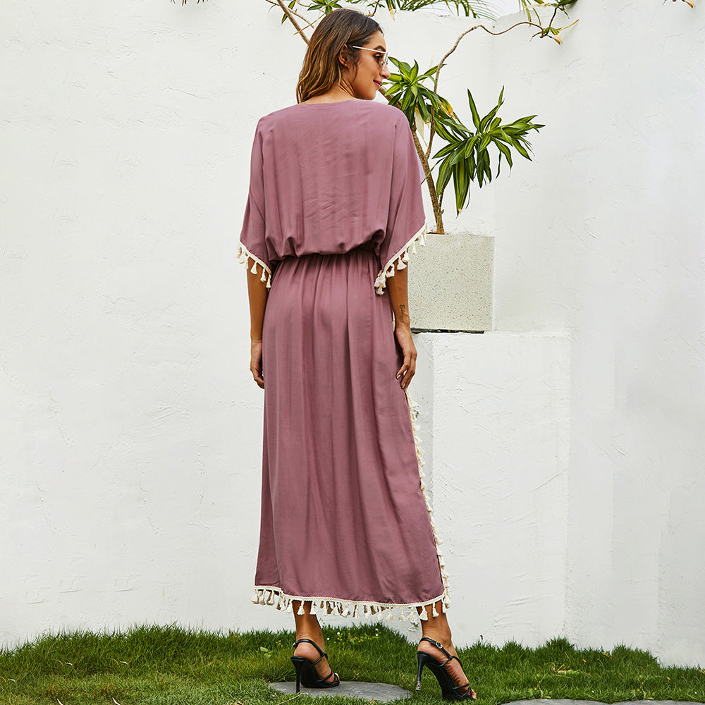 Women Plus Size Dresses Loose Embroidery Tassel Long Dress