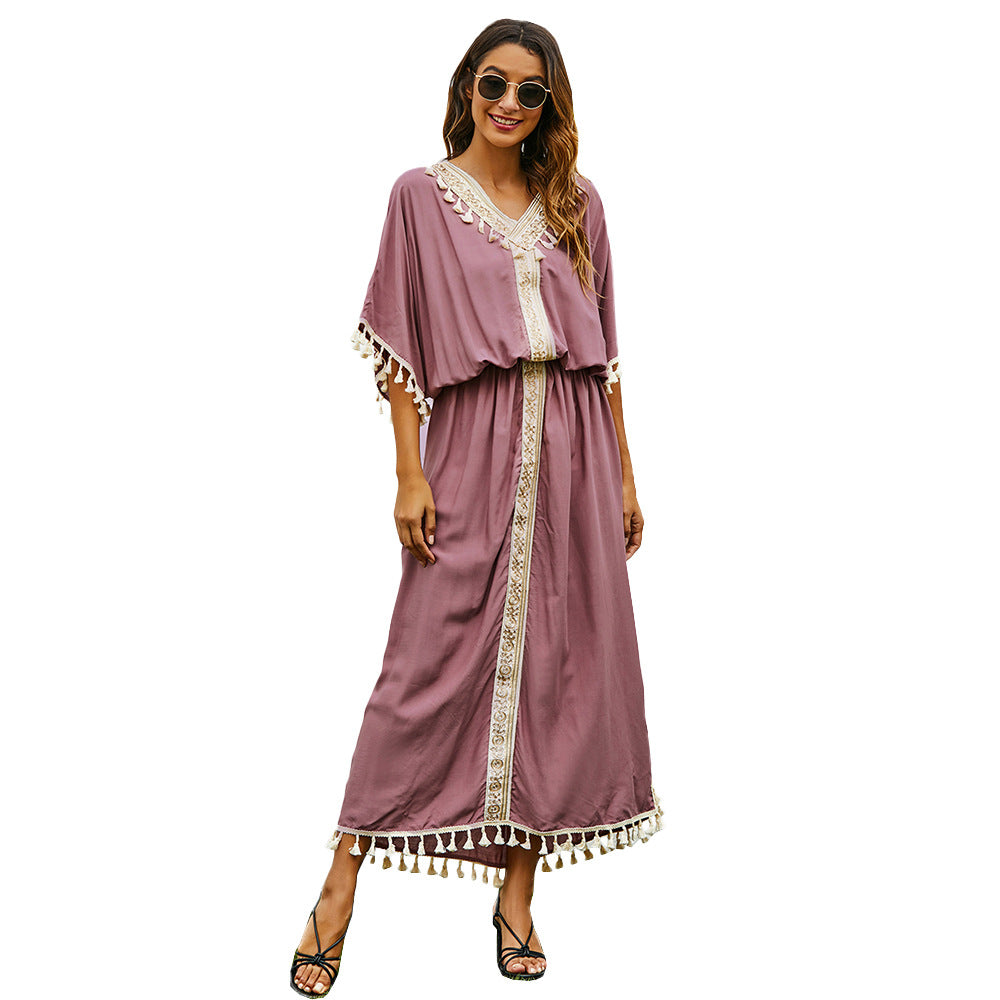 Women Plus Size Dresses Loose Embroidery Tassel Long Dress