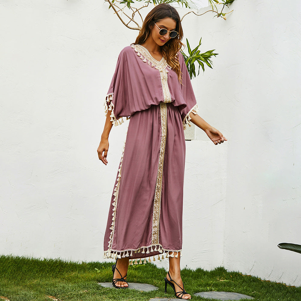 Women Plus Size Dresses Loose Embroidery Tassel Long Dress