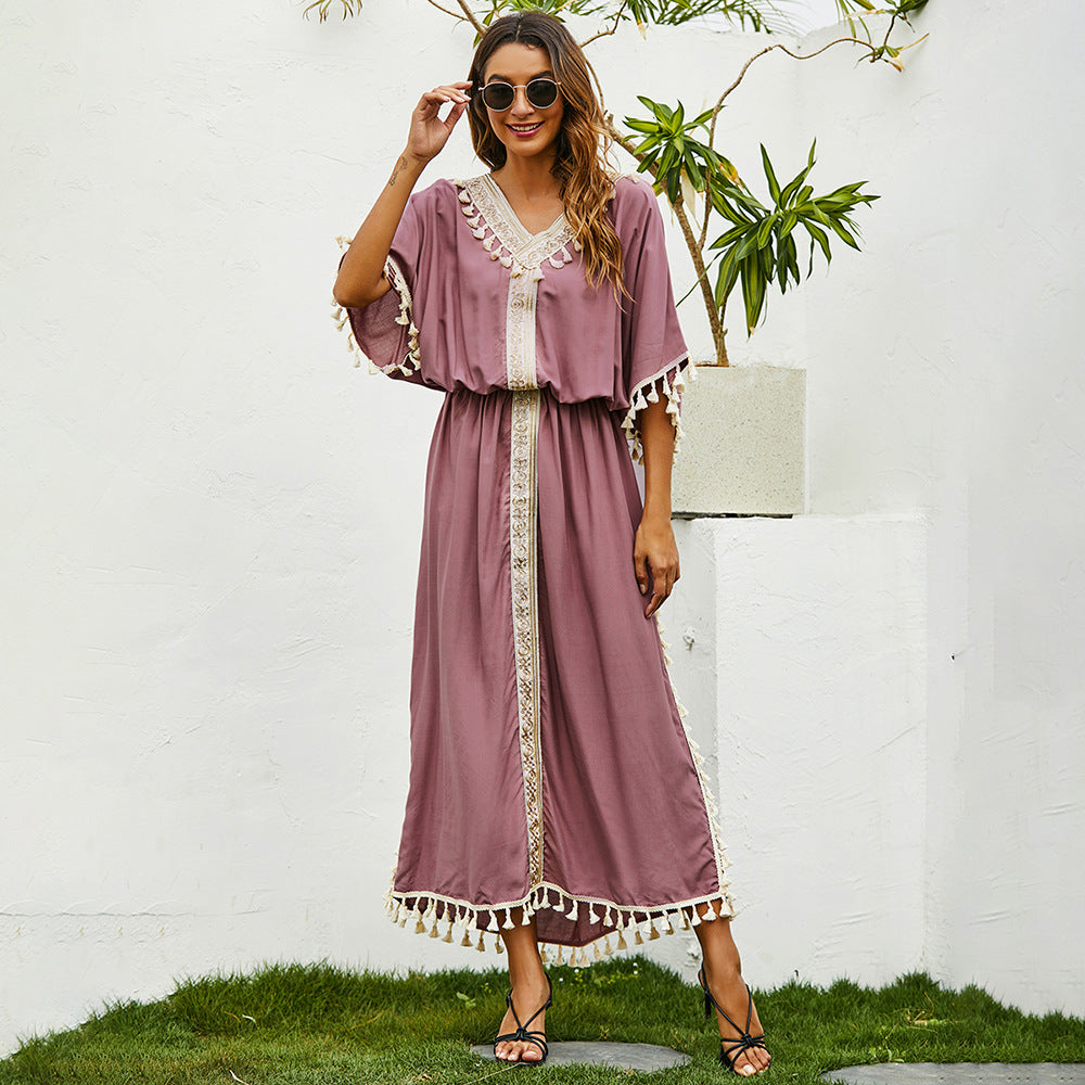 Women Plus Size Dresses Loose Embroidery Tassel Long Dress
