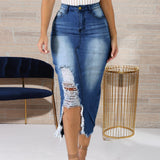 Women Plus Size Dresses Sheath Slim-Fit Ripped Split Denim Midi Dress