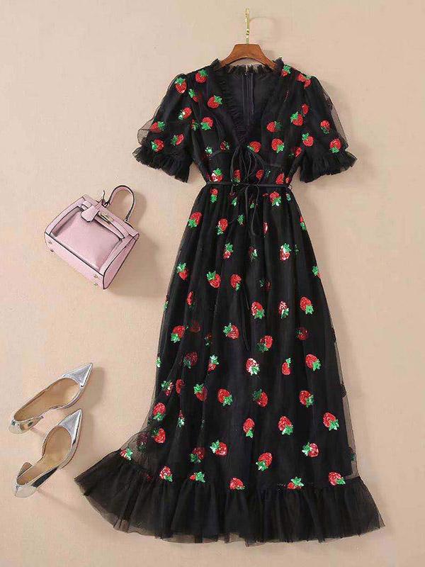 Black Strawberry Dress Print V Collar Princess Dress Midi Dress Black