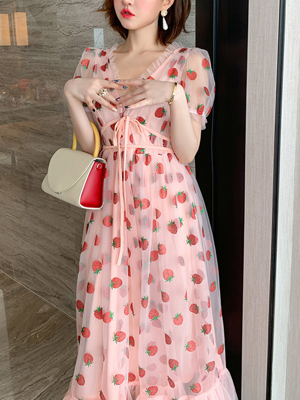 Black Strawberry Dress Print V Collar Princess Dress Midi Dress Black