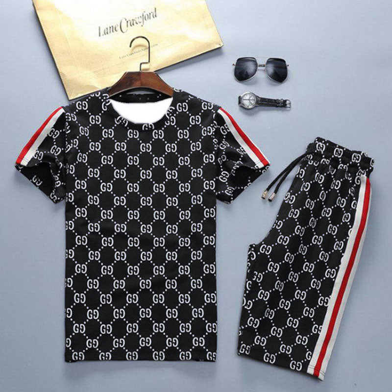 Men's Athletic Tracksuit Summer Printed Casual Suit round Neck Middle Pants