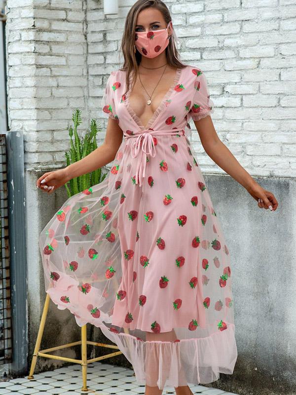 Black Strawberry Dress Print V Collar Princess Dress Midi Dress Black