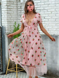 Black Strawberry Dress Print V Collar Princess Dress Midi Dress Black