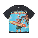 Cross-border gs american high street washed retro skull racing machine girl printing short-sleeved fashion