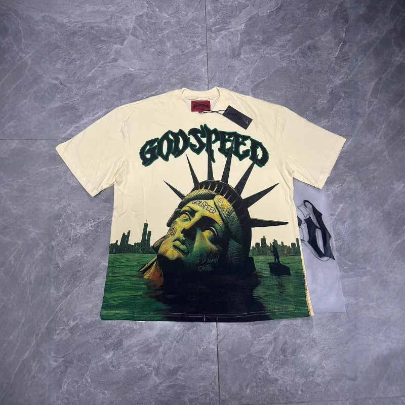 High version gods short sleeve heavy weight washed fog high street rock band skull pure cottonprinting round