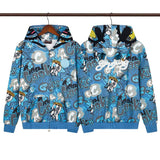 streetwear zip hoodie cartoon letter print zip-up sweatshirt and pants camouflage set