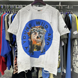 American retro style roughplay jesus faux two-piece long sleeve sweatshirt - skull rock washed distressed ripped