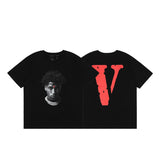 Cross-border supply large v letter lne cherry blossom short half-sleeve sketch embroidery lip print graffiti print short