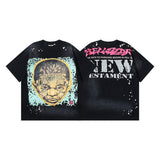 Ss american skull washed and distressed letter loose plus size short sleeve streetwear t-shirt - men's trendy style