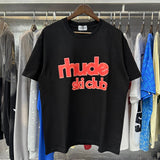 Rhude T Shirts Ski Club Letter Print Versatile Casual Short Sleeve Men and Women