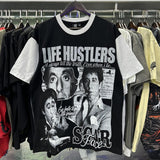 Meichao life husters masked tattoo angel print hotfix rhinestone lettering oversized casual short sleeve t-shirt