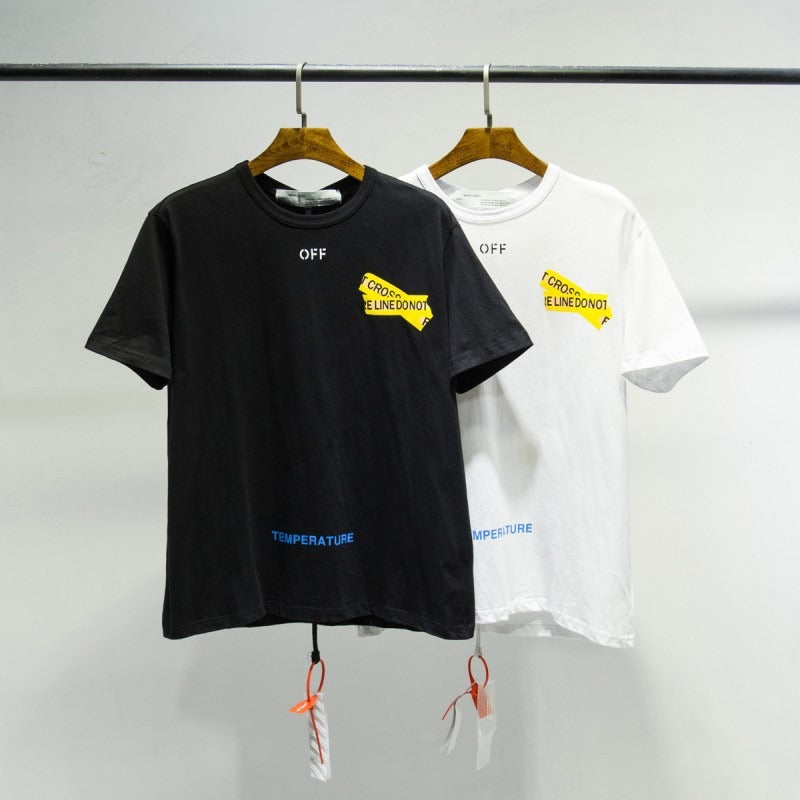 Correct version off classic yellow tape arrow warning line short-sleeved ow couple wear loosetrendyt