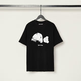 beheaded bear short-sleeved pa flame letter flow paint back logo trendy couple t-shirt