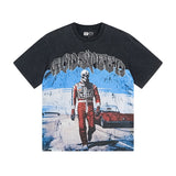 Cross-border gs american high street washed retro skull racing machine girl printing short-sleeved fashion