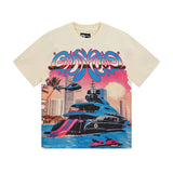 Cross-border gs american high street washed retro skull racing machine girl printing short-sleeved fashion