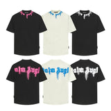 beheaded bear short-sleeved pa flame letter flow paint back logo trendy couple t-shirt