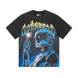 Cross-border gs american high street washed retro skull racing machine girl printing short-sleeved fashion