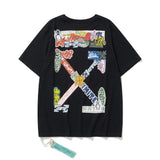Wholesale off short sleeve ow dissolved arrow gradient starry sky splash ink t-shirt yellow tape warning line love