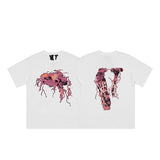 Cross-border supply large v letter lne cherry blossom short half-sleeve sketch embroidery lip print graffiti print short