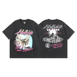 Ss american skull washed and distressed letter loose plus size short sleeve streetwear t-shirt - men's trendy style