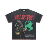 American retro valeforever washed & distressed hotfix rhinestone cotton short sleeve high street star t-shirt