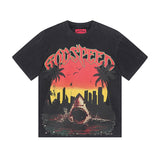 Cross-border gs american high street washed retro skull racing machine girl printing short-sleeved fashion