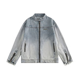 Unisex Baseball Jersey Vintage Washed Old Denim Jacket Zip Jacket